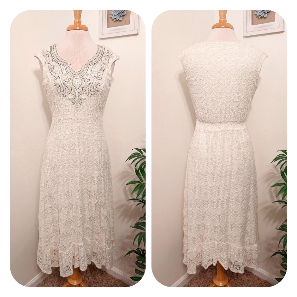 Reba Vintage Lace Boho Embroidered Beaded Cap Sleeve Midi Dress Cream Medium - Picture 1 of 8